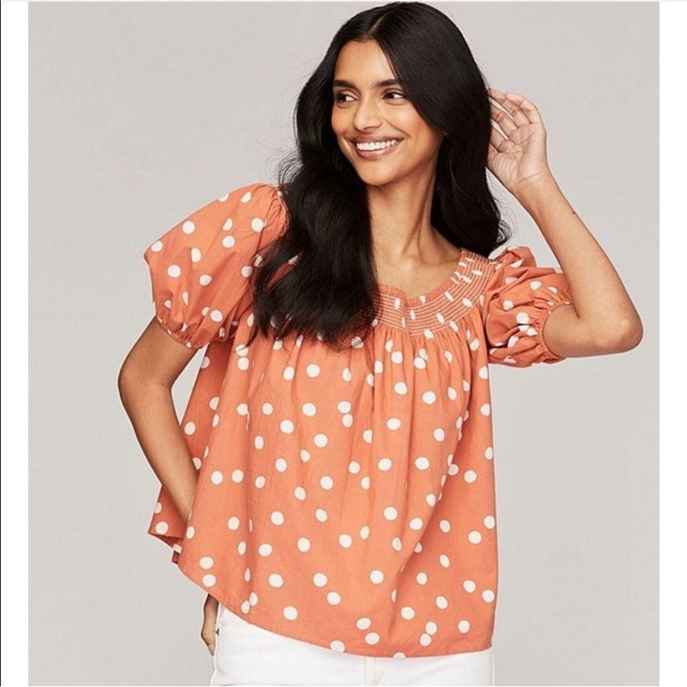 Roller Rabbit Terracotta White Polka Dot top women M blouse puff sleeves boho